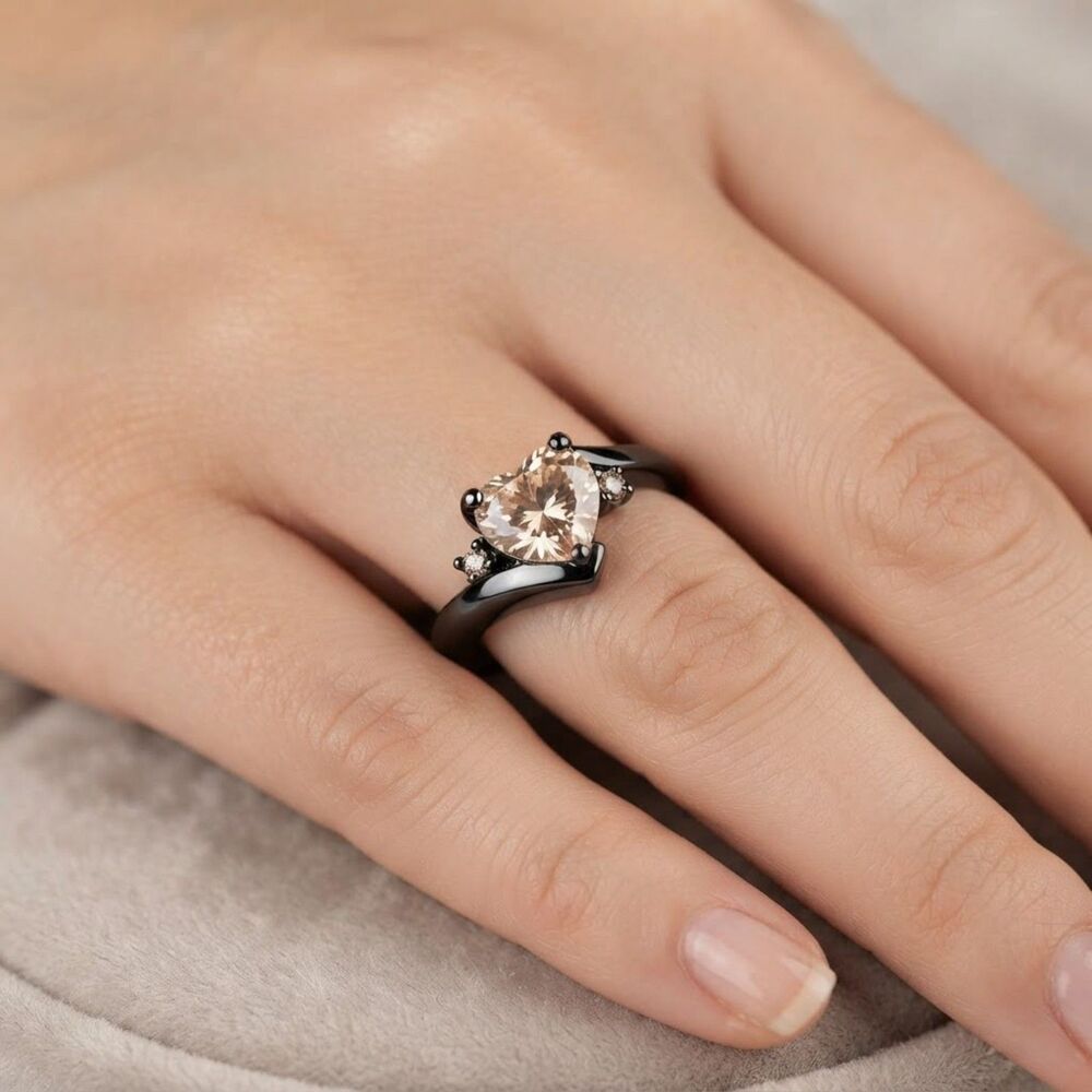 Pink Garnet Ring NEW Heart Shaped Zircon Size 10 Black Narrow Band NWT